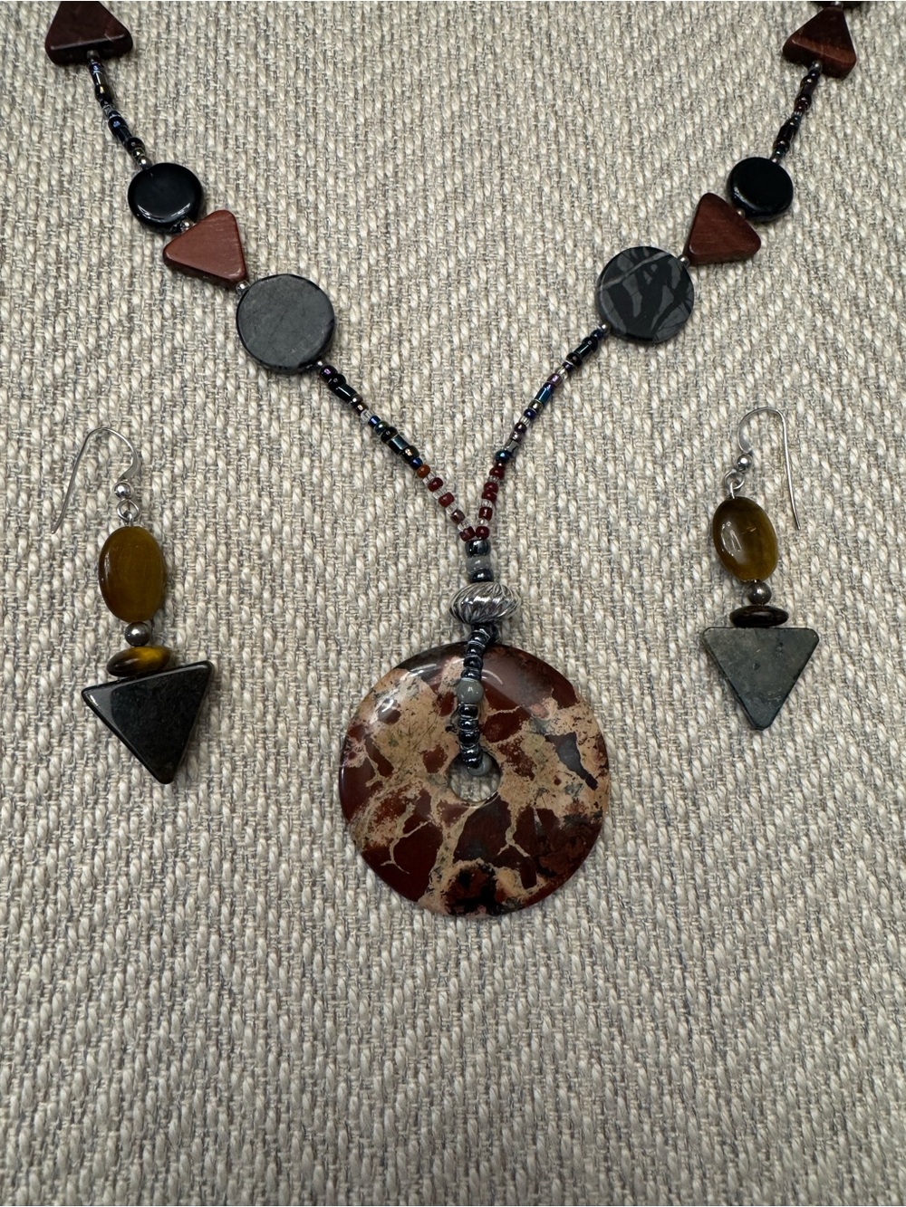 Handcrafted Brown Jasper Pendant Necklace and Earrings w/Sterling Silver Accents